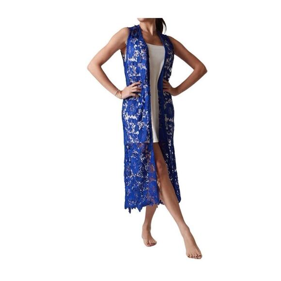 Lularoe Blue Lace Long Kimono Duster Open Cardigan SMALL Bohemian Crochet NWT - Picture 1 of 12